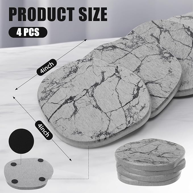 Diatomaceous Earth Coasters Set of 4，Cool Absorbent Quick-Dry Drink Coasters for Desks, Cute Modern Stone Design with Stylish White Aesthetic (4, Marble Light Grey)