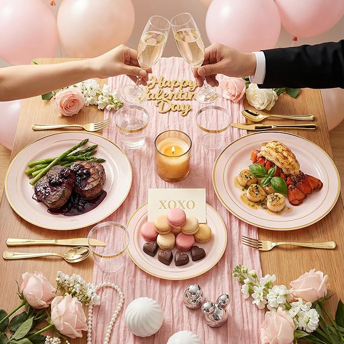 GATHER 350PCS Pink Plastic Plates - Disposable Plastic Dinnerware Set Include 100 Pink Plates, 150 Silverware, 50 Napkins, 50 Cups for Party & Wedding & Valentine's Day