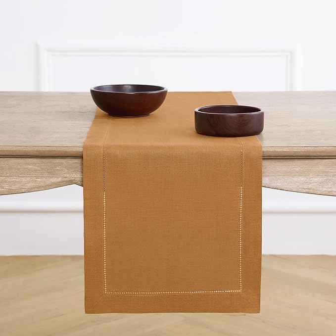 Solino Home Linen Brown Sugar Table Runner 72 Inches Long - 100% Pure Linen Hemstitch Table Runner 14 x 72 Inch for Dresser, Dining - Classic Hemstitch