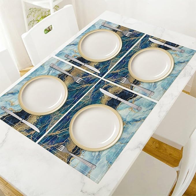 Marble Linen Placemats Set of 4, 12x17 Inch Modern Abstract Foil Texture White Blue Gold Marble Table Mats Washable Fabric Place for Party Kitchen Wedding Dining Banquets Decor