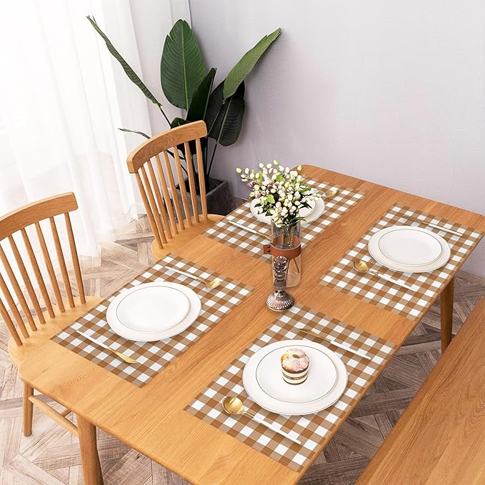 AOFOTO Brown Plaid Placemats Set of 4 for Dining Table Brown and White Checkered Place Mats Washable Rectangular Stripes Table Mats for Party Home Kitchen Restaurant Decor 12x18 Inch