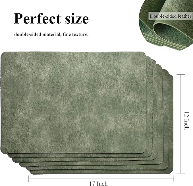 Cowhide Pattern PU Leather Placemats Set of 6 Heat Resistant Kitchen Table Mats, Non-Slip Dining Table Decorations, Double-Sides Waterproof Wipeable Place mats(Green)