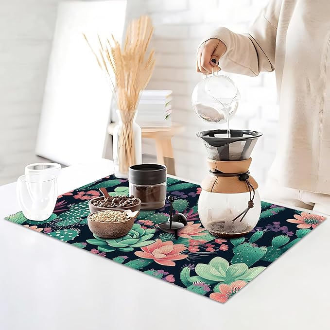 Placemats Set of 6,Cactus Flowers Table Mats,Tropical Succulent Washable Linen Table Mats,Non-Slip Heat Resistant Placemats for Party Kitchen Dining Indoor Outdoor 12"x18"