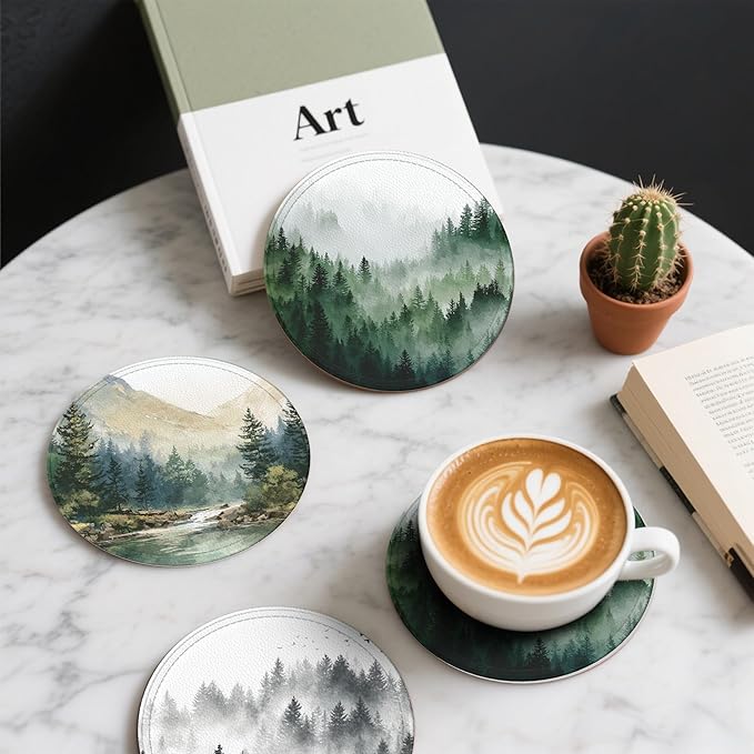 Forest Coasters Leather Round Drink Coasters 6 Pcs Set with Holderor for Cup Drink Coffee Table Bar Home Decor