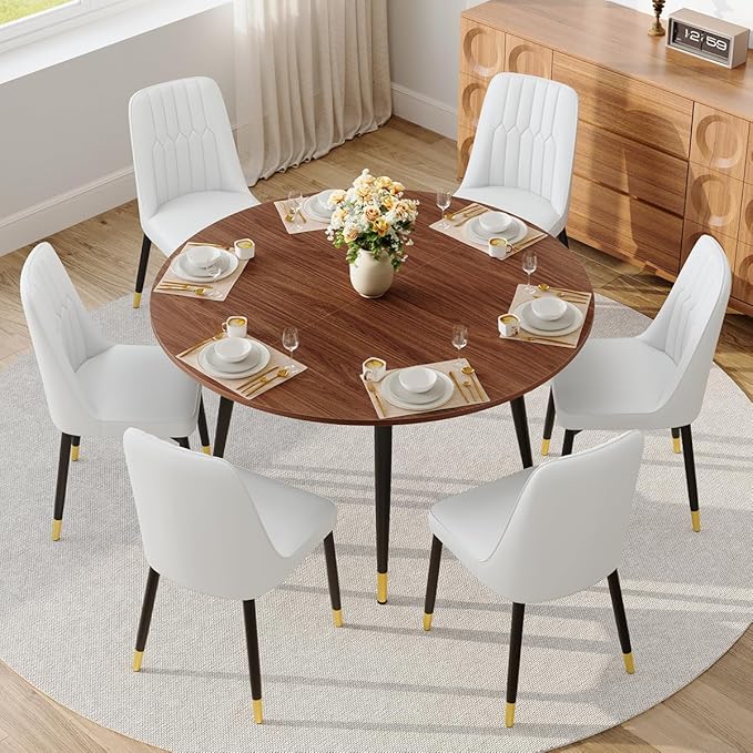 53” Round Dining Table Set for 6｜7 Piece Wood Dining Table Set｜Extendable Dining Room Table with 6 Chairs｜Walnut Wooden Tabletop with Metal Legs｜Easy Assembly｜Space Saving｜for Kitchen, Living Room