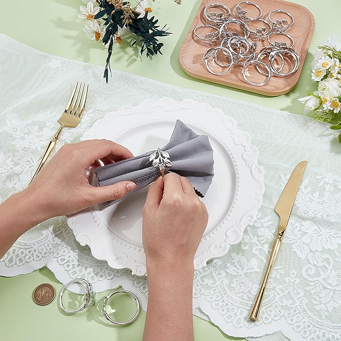 Peacoblue 60Pcs Sliver Leaf Napkin Rings Holders Modern Stainless Steel Napkin Ring Holders for Table Decor Settings, Vintage Napkin Ring for Wedding Christmas Thanksgiving Day Party