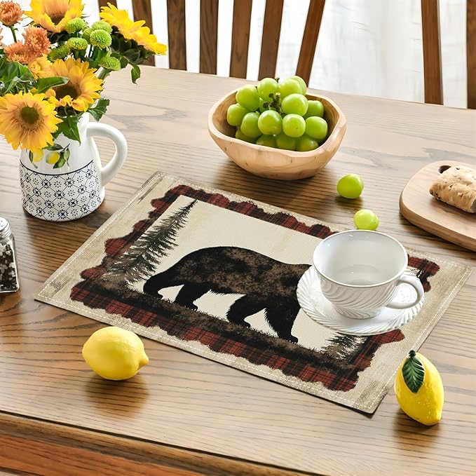 Bear Placemats Set of 4, Farmhouse Cabin Place Mats, Country Rustic Wild Animal Waterproof Washable Table Mats for Home Party Indoor Kitchen Dining Table Decoration 12x18 Inch
