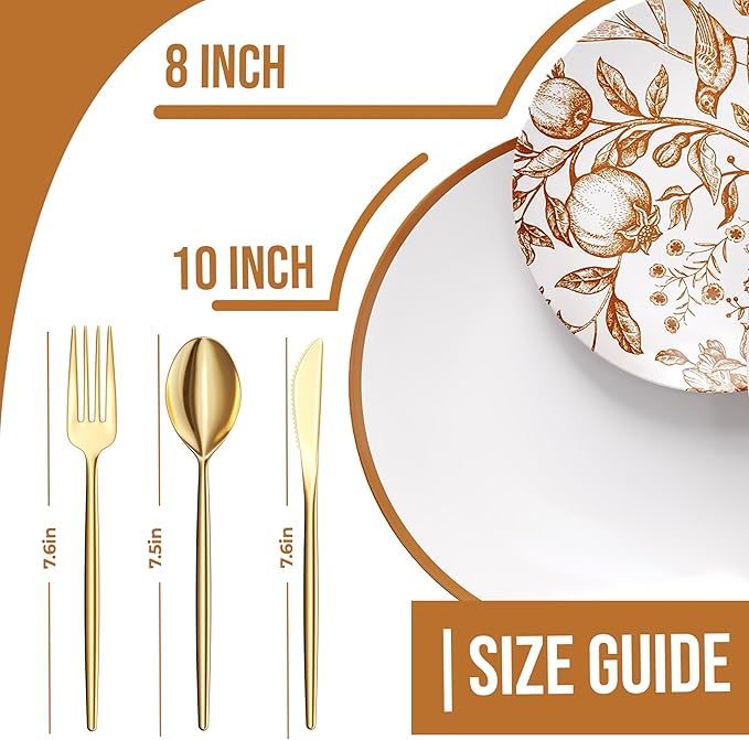 Trendables Fancy Plastic Dinnerware Sets 200 Pc Set 40 Guests Gold Silverware Disposable 40 X 10 Inch Charger Plates 40 X 8 Inch Dessert Plates 40 x Gold Plastic Forks and Spoons Knives In Pomegranate