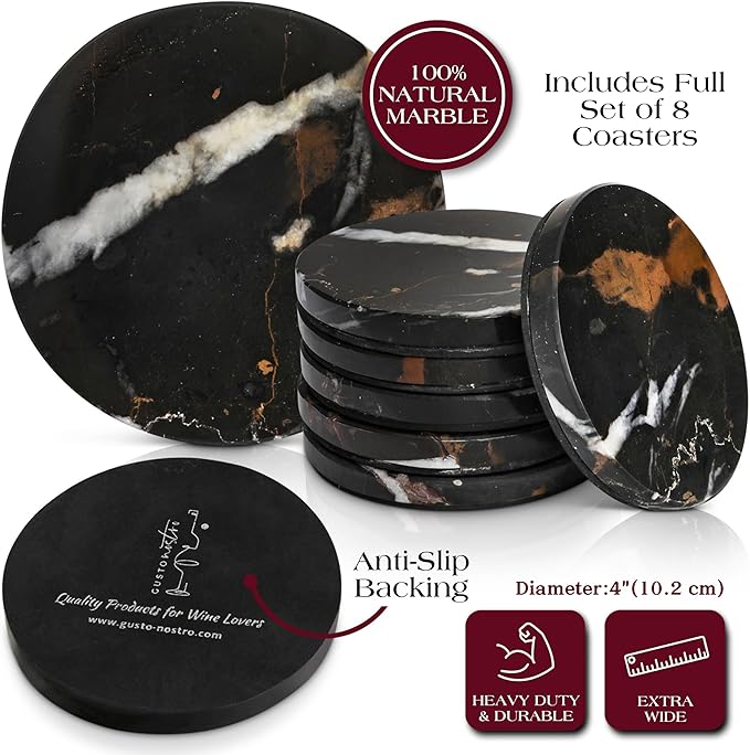 Gusto Nostro Premium Black Gold Marble Coasters Set of 8 - Modern Natural Stone Coasters for Drinks - Solid Marble Kitchen Accessories, Round Artisanal Stone Coaster for Kitchen Counter, Coffee Table