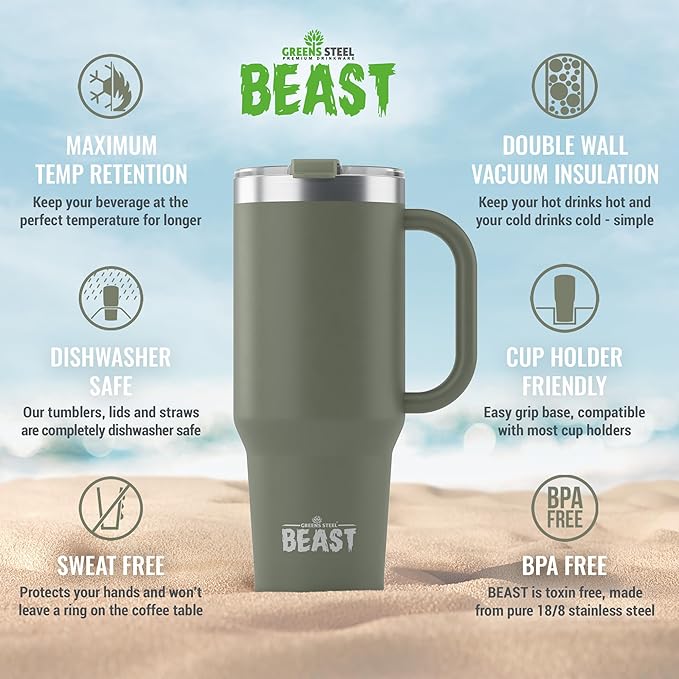 Beast 42 oz Tumbler with Handle Stainless Steel Vacuum Insulated Coffee Ice Cup Double Wall Travel Flask (Army Green)