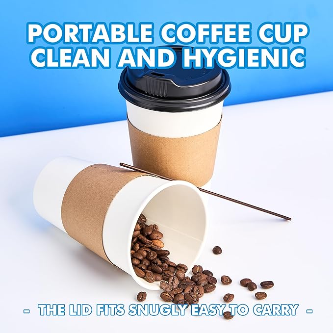 RACETOP 16 oz 100 Pack Disposable Paper Coffee Cups with Lids, Sleeves and Stirrers, Hot Cups, Paper Cups with Lids, Sleeves and Stirrers, Ideal for Home/Office
