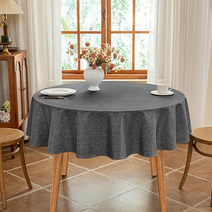 Fabric 60 Inch Grey Round Table Cloth Faux Linen Textured Stain Resistant & Reusable Circle Tablecloth Spill Proof for Dining Kitchen Patio