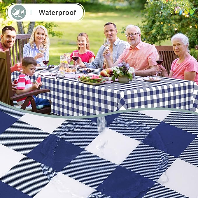 misaya Rectangle Waterproof Vinyl Table Cloth, Buffalo Flannel Backed Tablecloth, Wipeable Plastic Table Cover for Dinner, Kitchen, Outdoor (60" x 84", White and Navy)