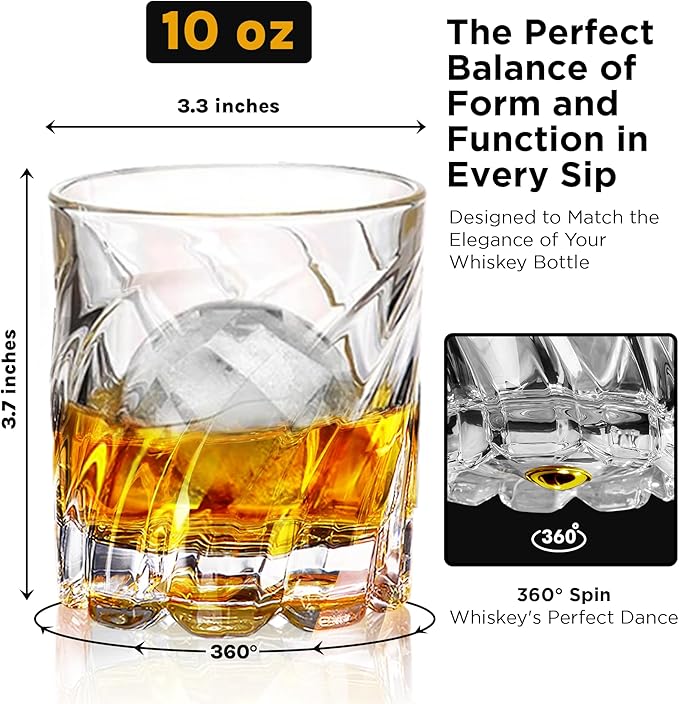Whiskey Glasses Set of 4 - Spinning Bourbon Glass with Ice Ball Mold - Elegant Scotch, Old Fashioned Rotating Base - Thick Crystal Drinking Kit Scotch - Elegant Barware Gift for Whisky Lovers
