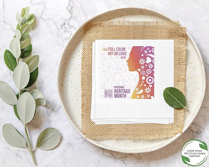 B.E. Green Custom Luncheon Napkins - Personalized Recycled Paper Content Napkins - Eco-friendly & Full-Color Digital Printed - Events & Celebrations - Pack of 50 - Diamond Edge Embossed, 6.5"x 6.5"
