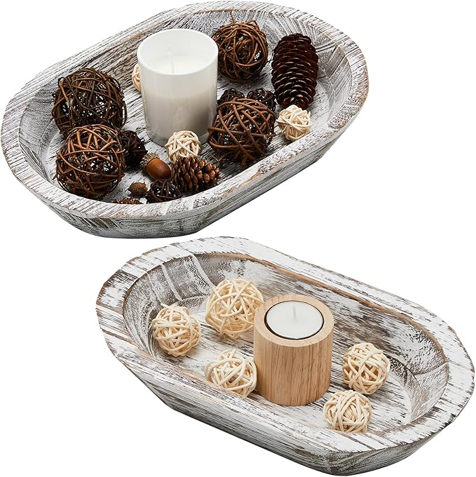 Tessco 2 Pcs Wooden Dough Bowl for Home Rustic Bread Long Wooden Bowl for Kitchen Dining Table Home Decoration(10 x 6 x 2 Inch, 14 x 10 x 2 Inch,White)