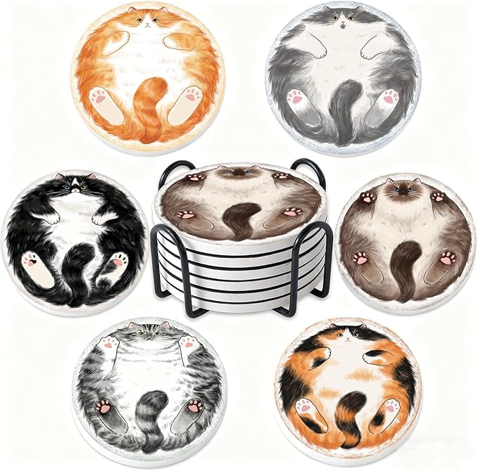 Coasters Absorbent Ceramic Coaster Drink Coasters with Cork Back Pancake Cats Set of 6 Round Coaster Non Slip for Coffee Table Wine Glass Home Bar 4 Inch, Cute