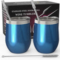 CHILLOUT LIFE 12 oz Stainless Steel Wine Tumblers 2 Pack - Double Wall Vacuum Insulated Wine Glasses Cups with Lids and Straws Set Keeping Cold & Hot for Coffee, Beer, Ice Cream - Blue Sparkle
