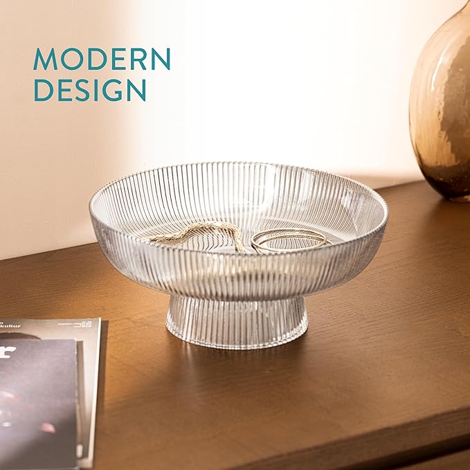 Navaris Decorative Fluted Transparent Glass Bowl for Fruit Snacks Sweets - 26cm Diameter Table Centerpiece Dish