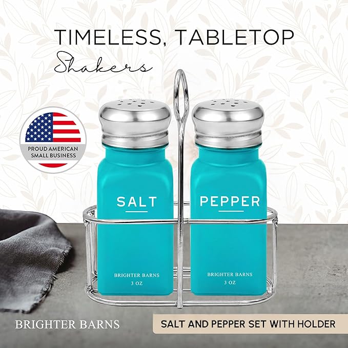 Teal Salt and Pepper Shakers Set with Holder by Brighter Barns - Turquoise Kitchen Decor, Modern Kitchen Essentials, Dining Table Decor - Salt Shaker with Caddy for Dining Room, Restaurants (Teal)