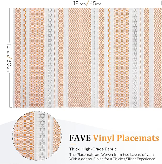 FAVE Boho Vinyl Placemats Set of 6, Durable Woven Place Mats Washable Heat Resistant PVC Table Mats for Parties,Weddings, Dining,Banquet(Orange, 6PCS)