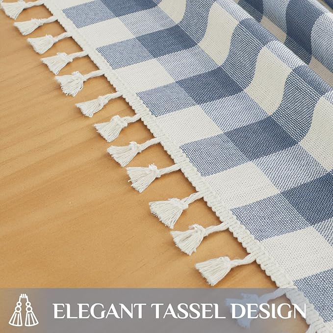 Softalker Checkered Tablecloth Rectangle, Outdoor Linen Cotton Gingham Table Cloth with Tassel, Heavy Duty Wrinkle Free Buffalo Plaid Table Cover for Kitchen Dining Home Party - 55 x 120 Inch, Blue