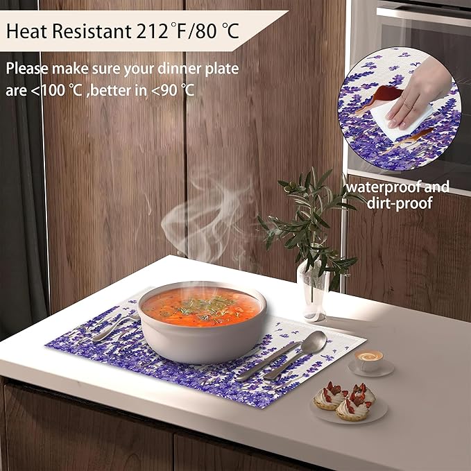 Placemats,Lavender Flower Placemats 12x18 Inch Waterproof Non-Slip Washable Table Mats for Kitchen Dining Party Table Decor,Set of 6