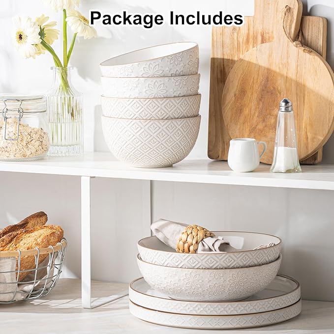 26 oz Ceramic Soup Bowls, Cereal Bowls Set of 4 – Oven & Microwave Safe French Onion Soup Bowls, Unique Embossed Patterns, Dishwasher Safe for Soups, Stews & Desserts
