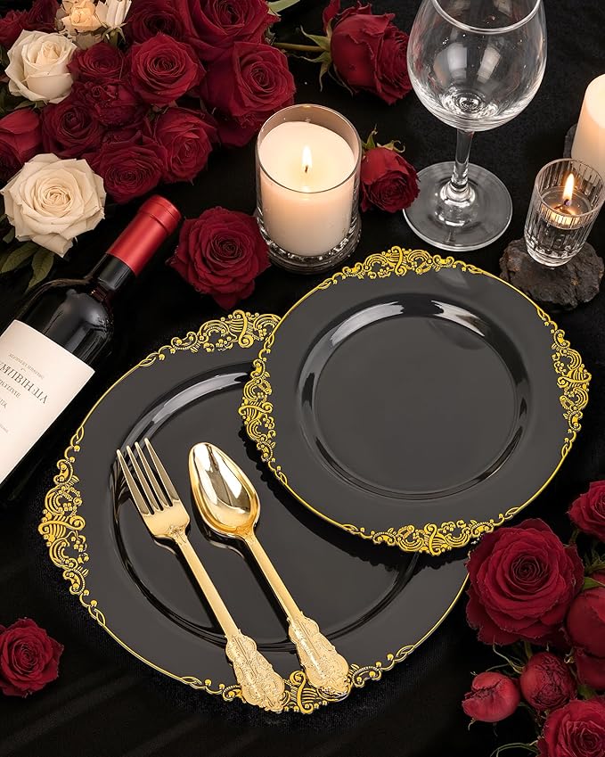 Nervure 100PCS Black and Gold Plastic Plates - 10.25Inch Black Disposable Plates - Black Plastic Dinner Plates for Wedding & Party & New Year