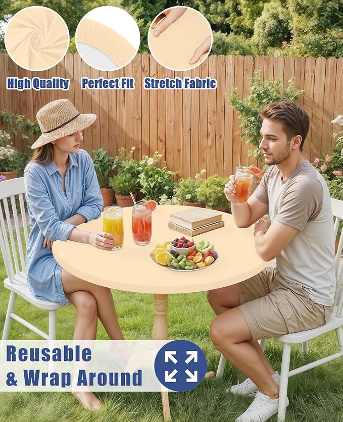 Round Spandex Tablecloth, Elastic Fitted Waterproof Tablecloths for 18"-24" Tables, Stretch Washable Picnic Table Cover for Camping, Dining, Indoor and Outdoor,Ivory