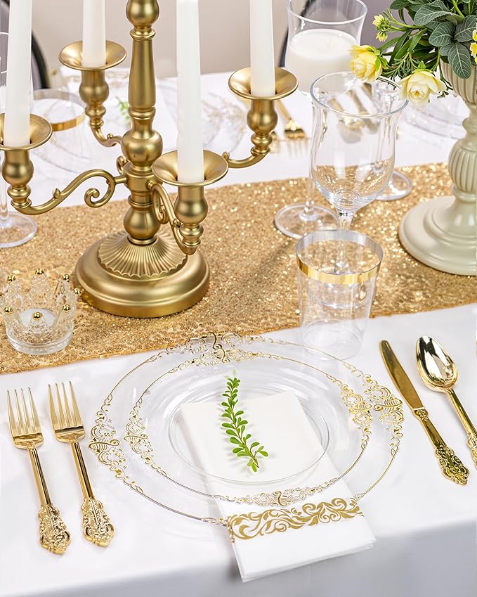 Nervure 350PCS Clear Gold Plastic Plates - Gold Plastic Dinnerware Sets for 50 Guests - 100 Disposable Plates, 150 Silverware, 50 Cups, 50 Napkins for Wedding & Party & Thanksgiving