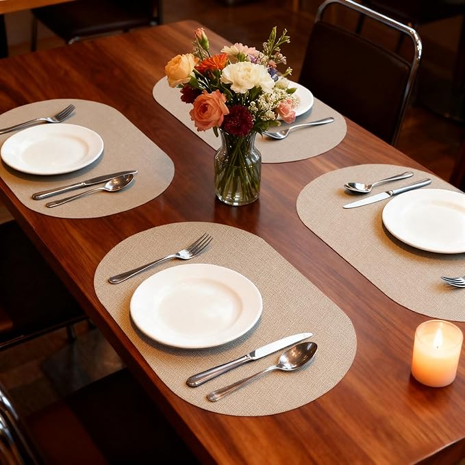 Oval Placemats for Dining Table Set of 2, Washable Leather Table Mats, Waterproof Heat-Resistant Non-Slip Kitchen Placemats, Simple Style Oval Design