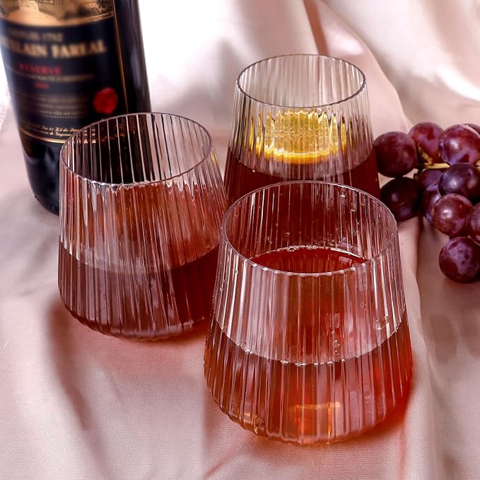 40 Pack Plastic Ribbed Wine Glasses, 14Oz Origami Disposable Wine Glasses Unbreakable Clear Plastic Cocktail Glasses Recyclable Shatterproof Reusable Wine Cups (14oz 40pack)