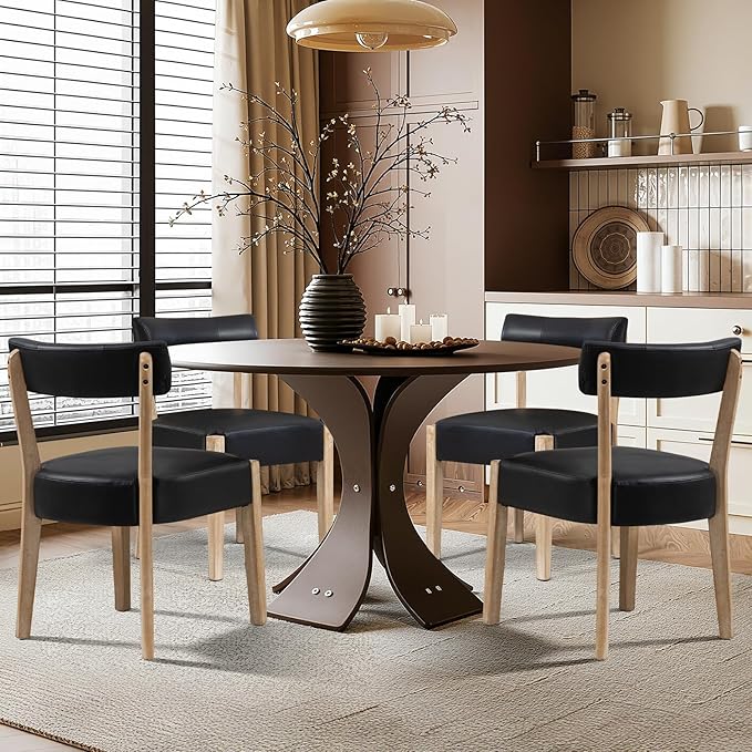 Modern Black Dining Chairs Set of 4 – Mid-Century Modern Faux Leather Upholstered Kitchen & Dining Room Chairs with Curved Back, Oversized Rounded Seat, and Sturdy Wood Frame
