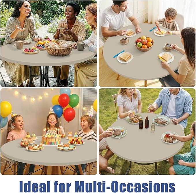 Round Spandex Tablecloth, Elastic Fitted Waterproof Tablecloths for 42"-50" Tables, Stretch Washable Picnic Table Cover for Camping, Dining, Indoor and Outdoor, Taupe