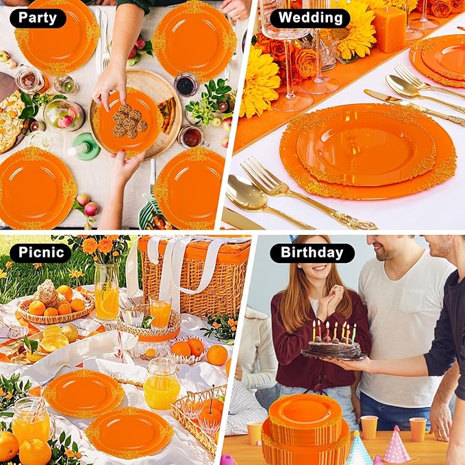 102PCS Orange Plastic Plates - Orange and Gold Disposable Plates - Party Plate with Gold Rim - Vintage Disposable Plate Serving for 51Guests for Party & Wedding