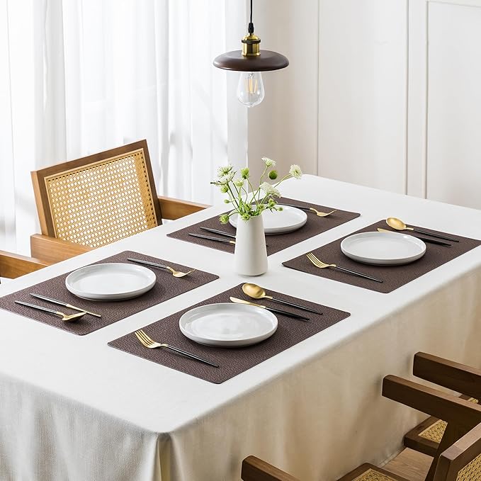 Jovono Faux Leather Placemats Set of 6, Waterproof Washable Table Mats, Easy-Clean Heat Resistant Kitchen Vinyl Place Mat for Dining Table, Restaurant, Indoor, 17.8"x11.8", Coffee
