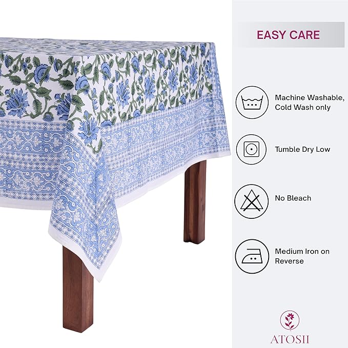 ATOSII Taj 100% Cotton Summer Tablecloth, Block Print Floral Square Table Cloth for Dining Table I Parties Wedding Outdoors, Grand Millenial Decor 60 X 60 Inches I 4 Seater I