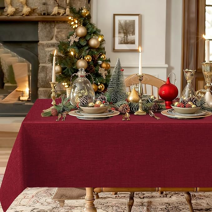 Hiasan Faux Linen Rectangle Tablecloth - Wrinkle and Stain Resistant Washable Table Cloth for Kitchen Dining Room Holiday Table Cover for Dinner, Red, 60 x 120 Inch