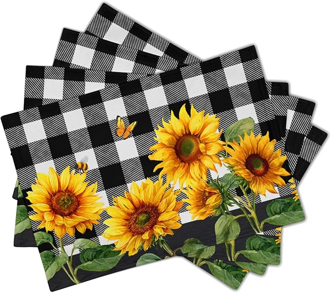 Sunflower Placemats Set of 4 - Buffalo Plaid Place Mats 12x18 Farmhouse Table Mats Spring Summer Kitchen Mats for Party Dining Table