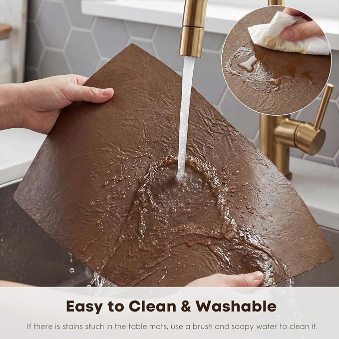 Artoid Mode Brown Faux Leather Placemats Set of 6, 12x18 Inch Waterproof Wipeable Heat Resistant Vinyl Place Mats, Reversible Table Mats for Kitchen Dining Decor