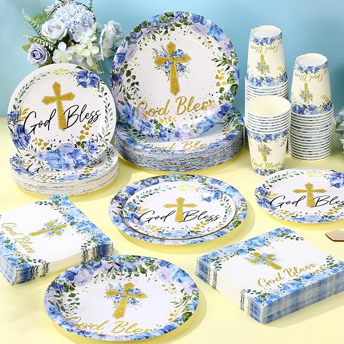 Pickmesh 250 Pcs Blue Baptism Cross Disposable Tableware Set First Holy Communion Baptism Disposable Paper Plates Napkins and Cups for Christening Celebration Baby Shower Religious Supplies
