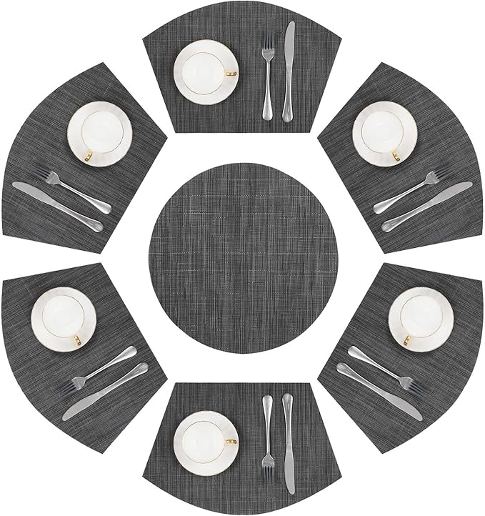 SHACOS Round Table Placemats Set of 7 Wedge Shaped Place Mat with Centerpiece Round Mat Heat Resistant Table Mats Washable (7, Black Gray)