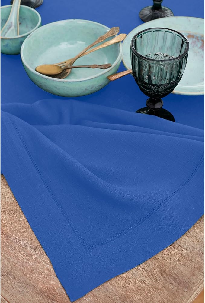 Solino Home Royal Blue Linen Tablecloth 60 x 132 Inch - 100% Pure Linen Hemstitch Table Cloth for Rectangle Tables - Classic Hemstitch, Machine Washable Tablecloth for Spring
