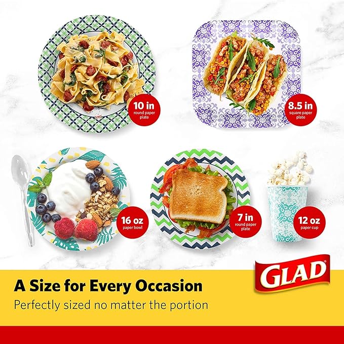 Glad Square Disposable Paper Plates, Green Victorian Pattern - Strong, Sturdy, Soak Proof, and Microwavable Decorative Plates for Dinner and Everyday Use, 10 Inch, 50 Count - 6 Pack