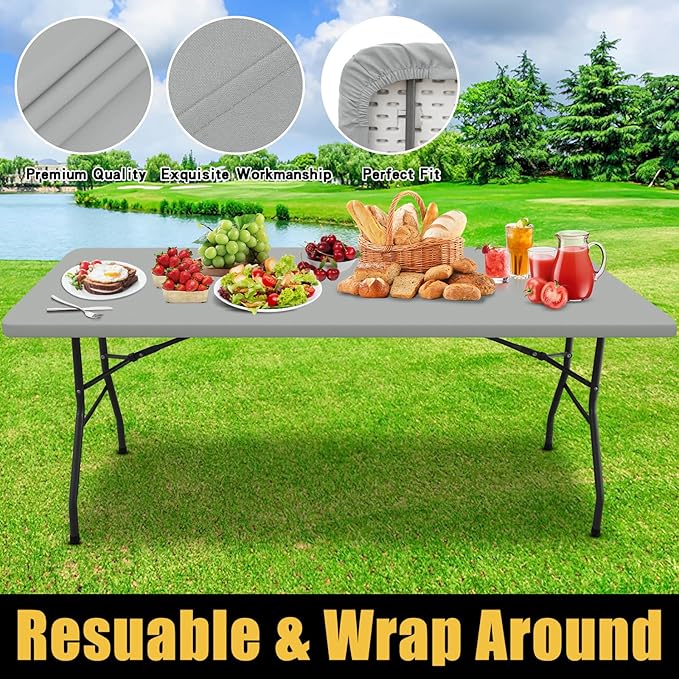 Smiry Rectangle Picnic Table Cloth, Waterproof Elastic Fitted Tablecloths for 6 Foot Tables, Washable Polyester Table Cover for Camping, Outdoor and Indoor (Light Grey, 30"x72")