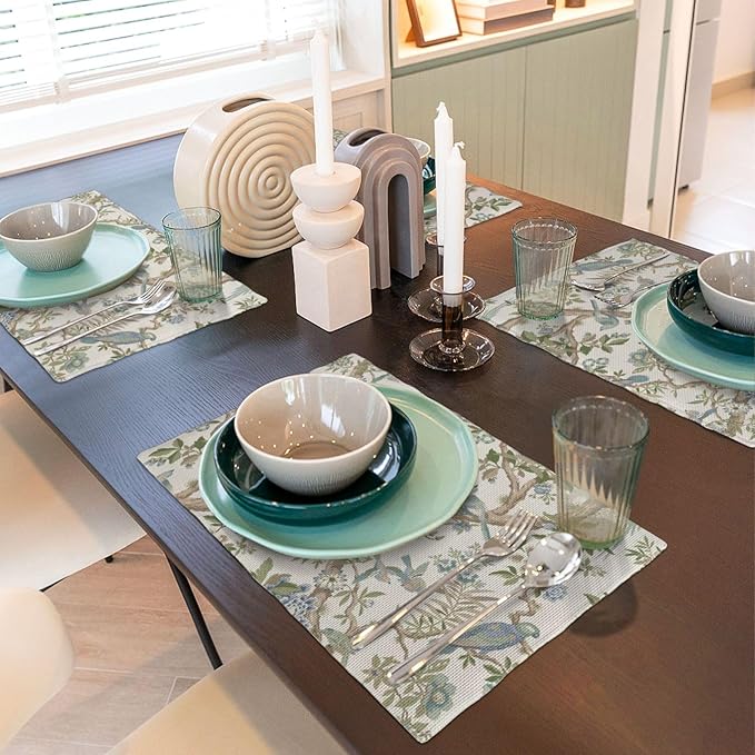 Chinoiserie Spring Placemats Set of 4, 12x18 Inch Blue Green Floral Bird Table Mats Summer Vintage Flowers Holiday Decorative Table Placemats for Party Home Kitchen Dining Table Decoration