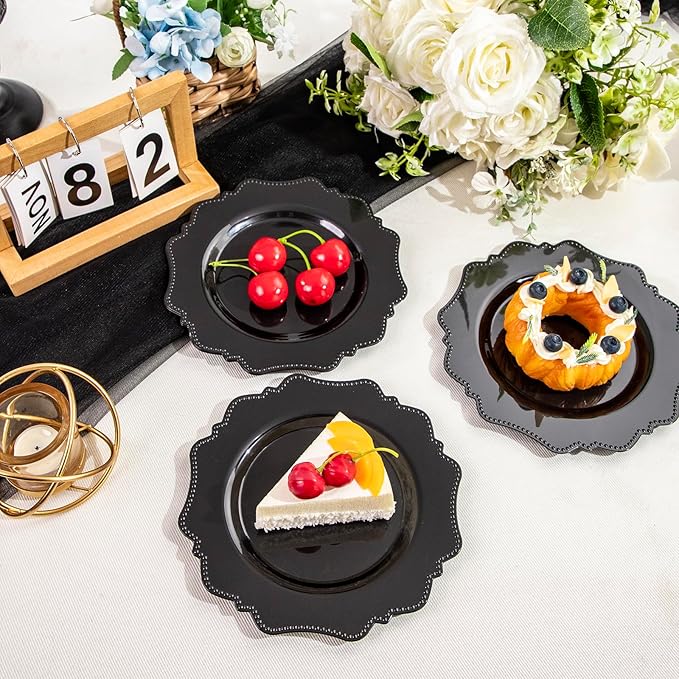 COLOSUS 100pcs Black Plastic Dessert Plates - 7.5 Inch- Heavy Duty Disposable Plastic Appetizer/Salad/Cake Plates for Party Wedding Birthday and Everyday Use