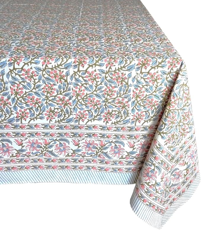 ATOSII Kalina 100% Cotton Rectangle Tablecloth, Handblock Print Floral Table Cloth for Kitchen Dining Linen I Weddings Outdoors Easter Spring Summer I 72 X 140 Inches I 12 Seater