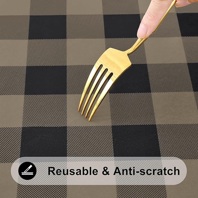 Smiry Rectangle Picnic Table Cloth, Elastic Waterproof Fitted Vinyl Tablecloths, Flannel Backed Buffalo Plaid Table Covers for Dining, Camping, Outdoor (Black and Khaki, 30" x 48")